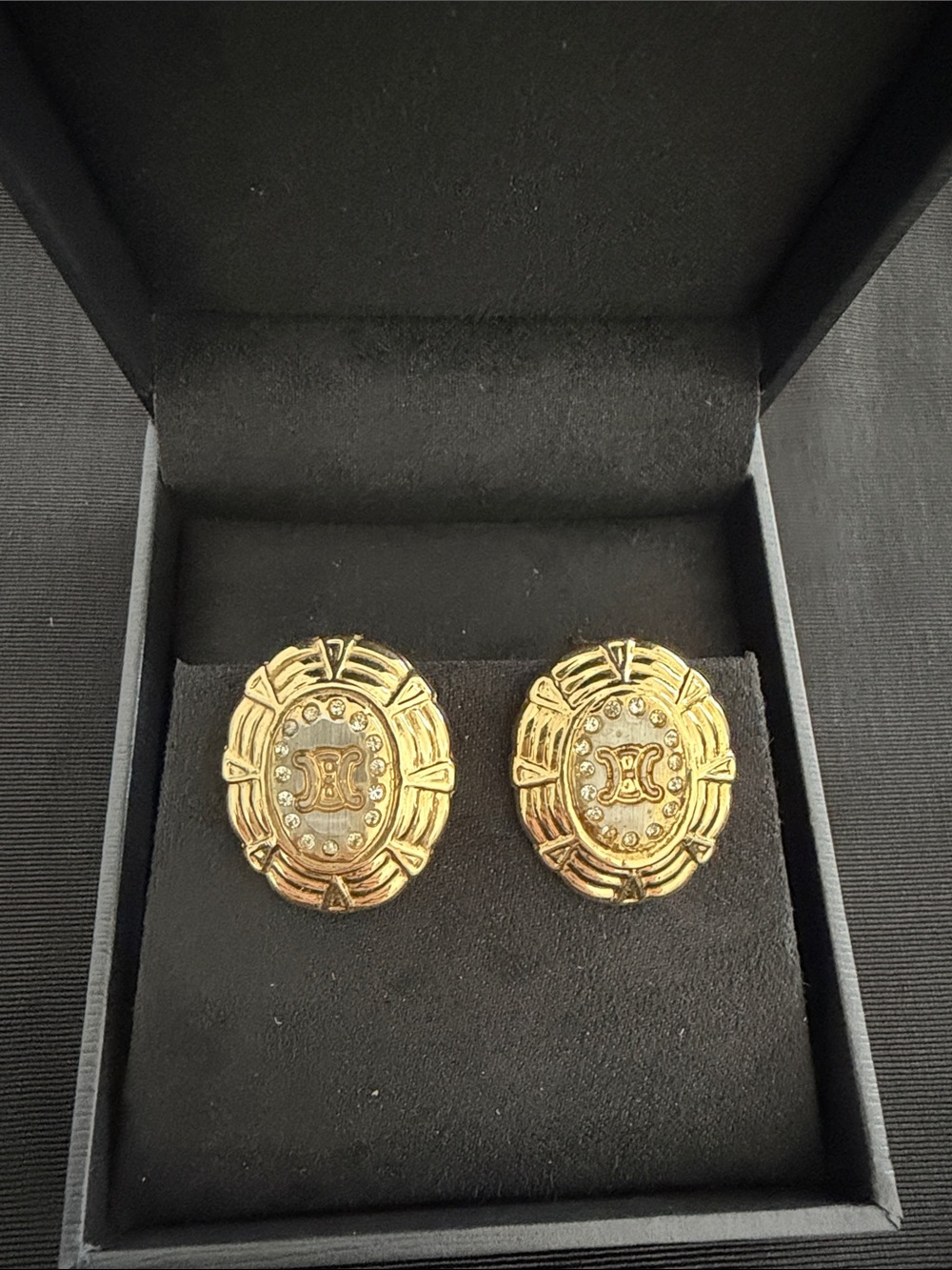 Celine Gold Plated Two Tone Embossed Medallion Clip Earrings - Picture 3 of 6